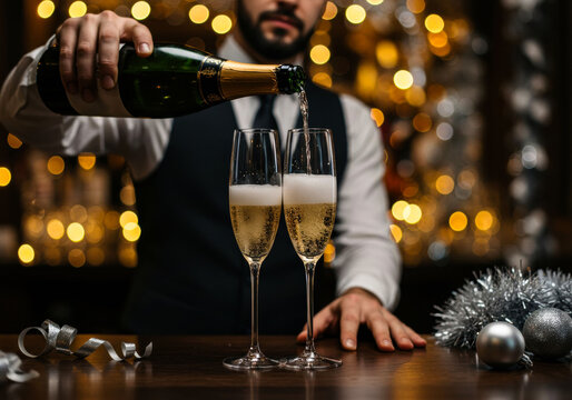 Elegant bartender pours champagne into flutes at a festive celebration during the evening in a luxurious bar