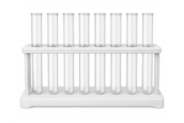 Empty test tubes in a rack on transparent background representing scientific research