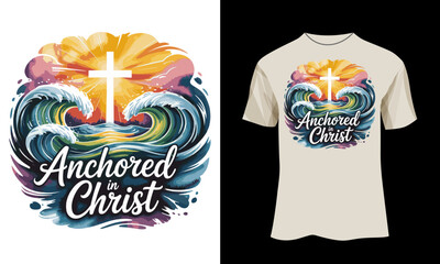 Anchored in Christ – Watercolor Waves & Glowing Cross Christian T-Shirt Design