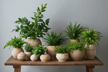 Fototapeta premium Assorted potted indoor plants displayed on a large table against a pale gray backdrop