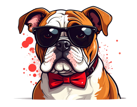  Hipster Bulldog with Sunglasses and Bow Tie, Funny Dog Character, isolated on transparent background PNG