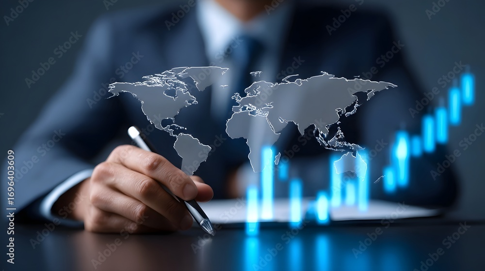 Poster businessman in a suit analyzing global financial market data and trends using a digital world map an