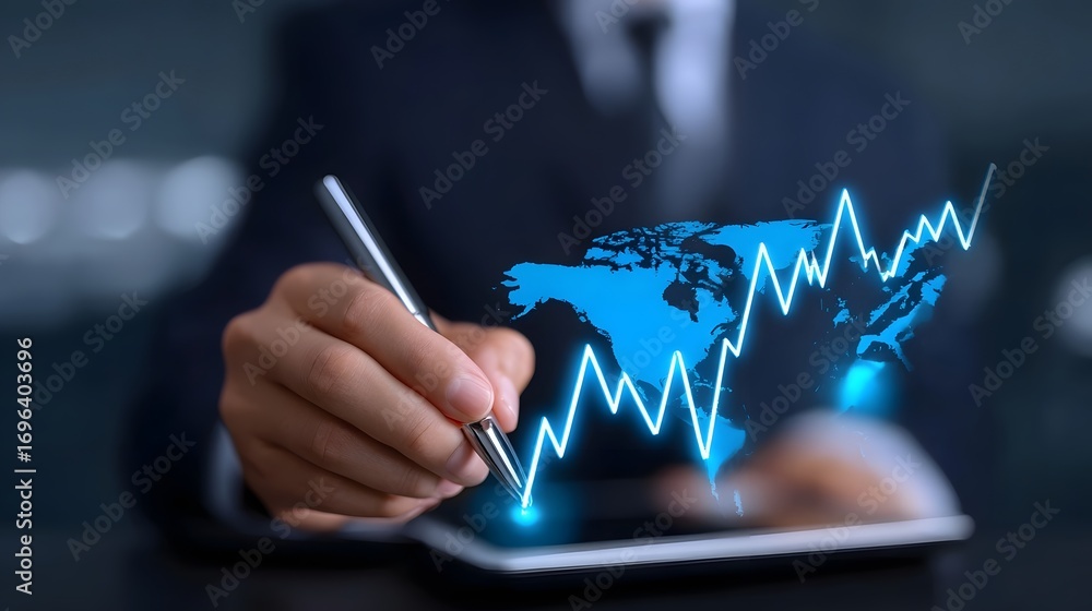 Poster a person examining a digital display showing a fluctuating market graph and global economic data tre