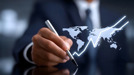 A business executive examining a digital world map, symbolizing the explo n of global business opportunities enabled by advanced technology and worldwide connectivity.