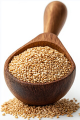 Sesame seeds in a wooden scoop with grains and cooking ingredient closeup texture