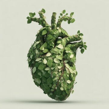 A vibrant human heart made of lush green leaves and intertwined vines on a light background.