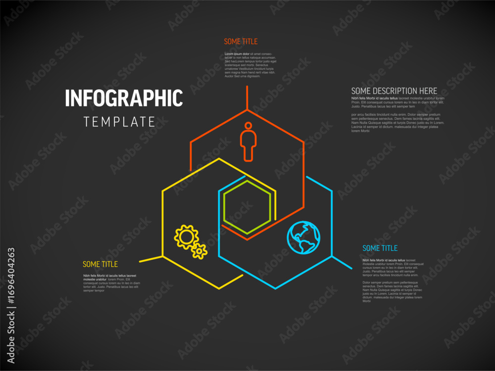 Poster a minimalist infographic template with colorful hexagonal outlines and icons like a person, gears, a