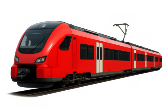 Modern red electric passenger train moving on transparent background