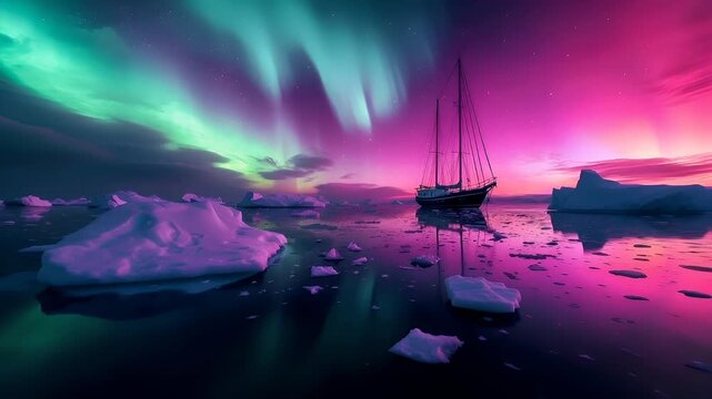 A vivid portrayal of a sailboat under a radiant aurora borealis, set against a backdrop of a pink and purple sky. The boat, with its sleek design and tall masts.