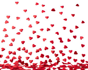 Red heart confetti falling isolated on transparent background