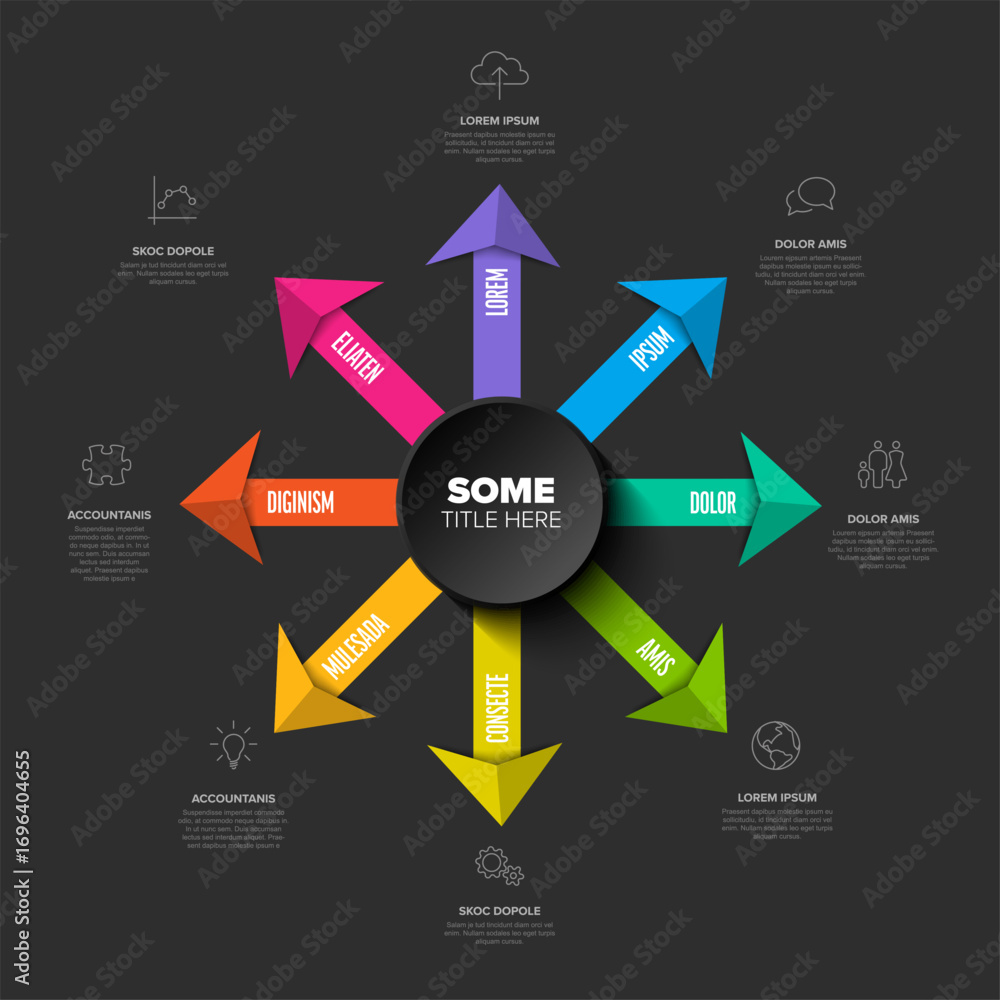 Poster a modern, colorful 3d arrow infographic diagram with eight different directions and icons for data v