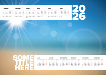 A modern 2026 calendar template design with photo placeholder. This 2026 calendar template is perfect for personal or business use, just replace the photo in the background.