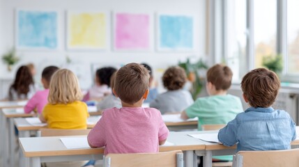 Obraz premium Group of diverse children seated at desks in a bright classroom, attentively facing the front, with colorful artwork displayed on the walls, showcasing a learning environment