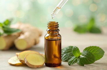 Dropper dispensing oil into small bottle with ginger slices and mint leaves soft bokeh background culinary art herbal infusion