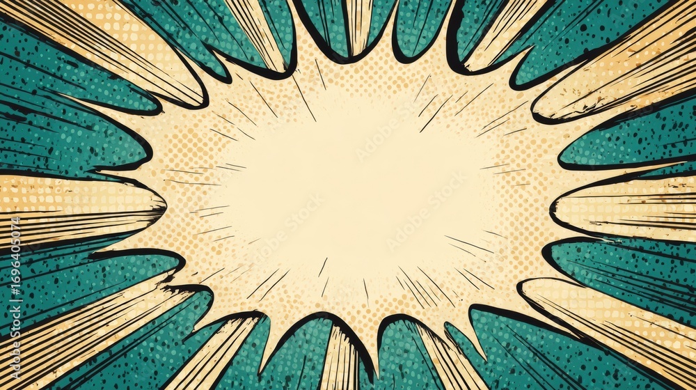 Poster dynamic comic book explosion pattern with vibrant colors and bold lines highlighted against a textur