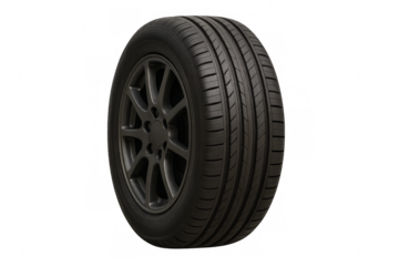 Car wheel showing tread and rim on transparent background