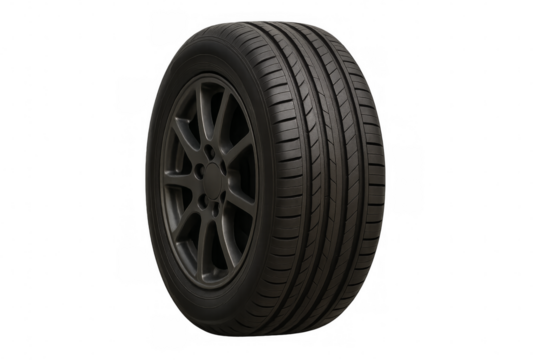Car wheel showing tread and rim on transparent background
