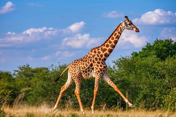 Fototapeta premium Wildlife of the Savannah - Giraffe in Motion - Iconic Creature's Race for Survival