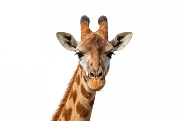 Giraffe standing alone against a white backdrop, savanna wildlife