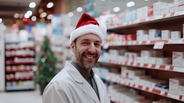 A man in a white lab coat and Santa hat stands in a pharmacy aisle, surrounded by shelves stocked with various products. The background reveals a festive setting with a Christmas tree.