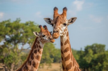 Mother and baby giraffe bonding