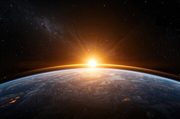 Obraz premium Wide-angle perspective of the Earth, sun, star, and galaxy. Dawn breaking over the planet as seen from orbit. Environmental and ecological theme for Earth Day.