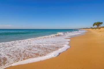 Obraz premium Calm waves caress a serene sandy shore, embodying peace and harmony in a secluded coastal haven.
