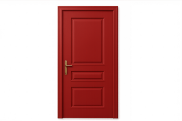 Red closed door with golden handle on transparent background