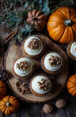 Fototapeta premium Delicious pumpkin spice cupcakes with cream cheese frosting and walnuts celebrating fall season