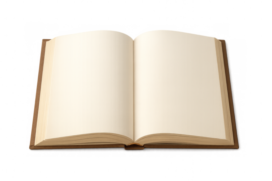Open book with blank pages on transparent background showing binding and spine