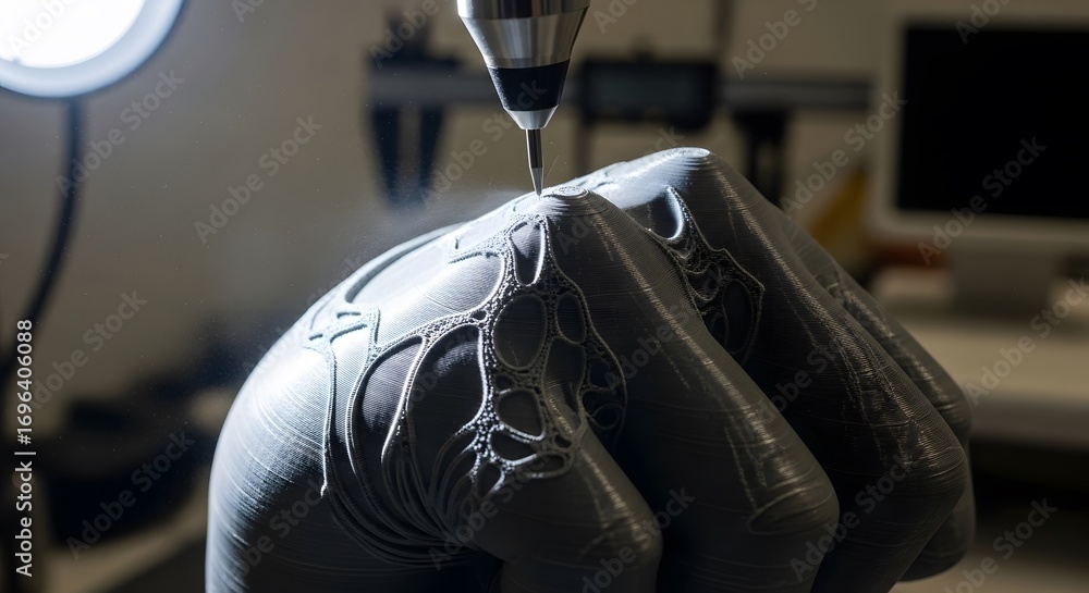 Poster intricate 3d printed hand model emerges layer by layer under the precision nozzle, showcasing a stun