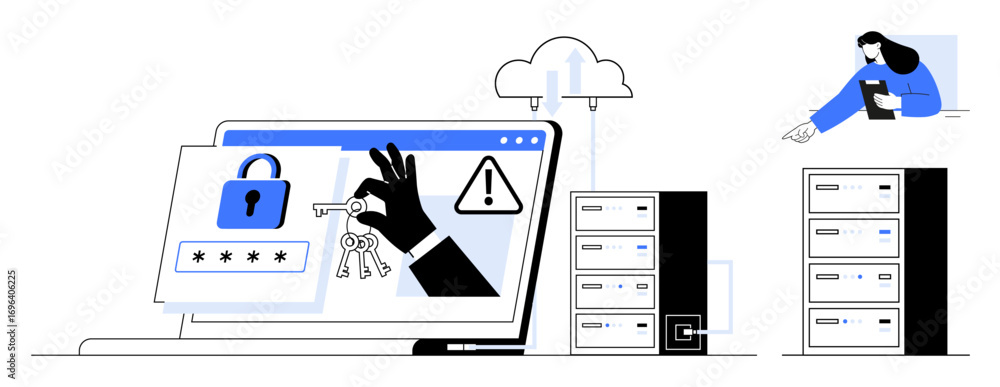 Poster laptop displaying cybersecurity elements including lock, keys, and warning sign, cloud storage icon,