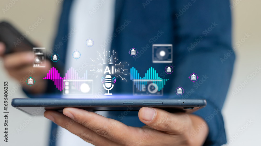 Poster a businessman using a smartphone with ai voice recognition and recruitment technology. concept of na