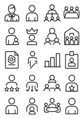 Fototapeta premium Corporate hierarchy icons in minimalistic line art style: CEO icon, employee icon, org chart, boardroom, supervisor, leadership crown, teamwork