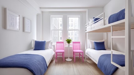Bright and modern bedroom featuring two single beds with blue bedding, a bunk bed, pink chairs, and large windows creating a cheerful and inviting atmosphere