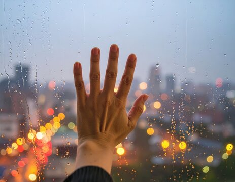 Hand on rain-covered window with city lights in the background