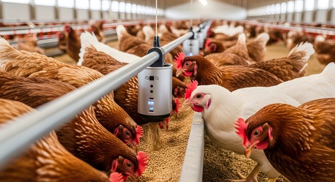 Modern poultry farm automated feeding system dispensing nutritious feed to a flock of hens.Efficient and technologically advanced.