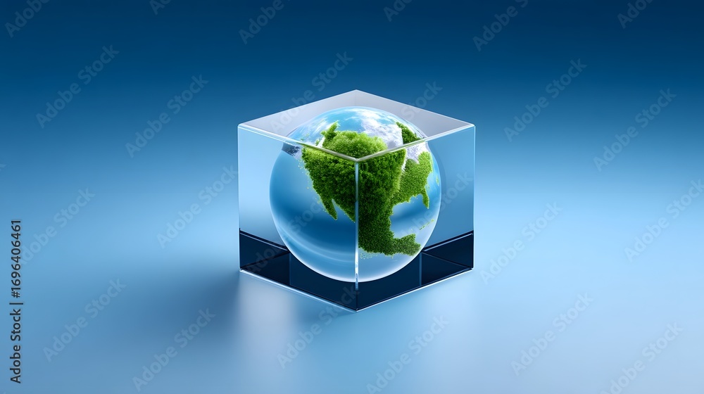 Poster a captivating conceptual image of the earth encased within a transparent, geometric cube, symbolizin