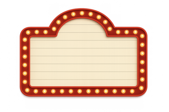 Bright red sign with light bulbs shining on transparent background