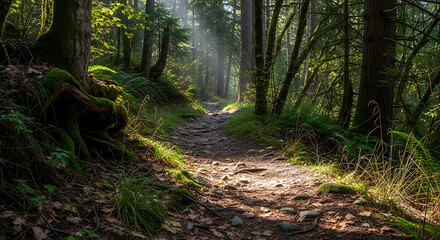 Obraz premium Forest Path Through Sunlight Woods
