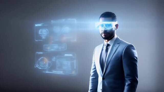A man in a suit with a futuristic visor is interacting with a holographic interface. He is wearing a light blue suit and white shirt.