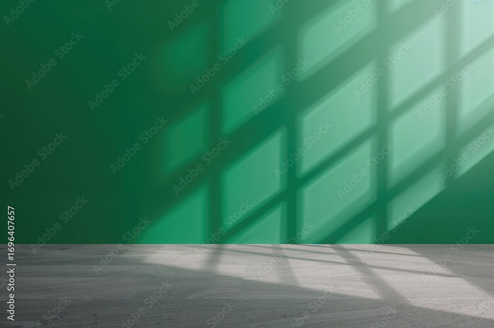 Poster empty studio space with green wall and shadow patterns from sheer curtains on concrete texture, cosm