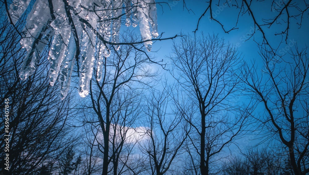 Poster sunlit ice melting atop tree branches under a clear blue sky. leafless tree limbs in a spring woodla