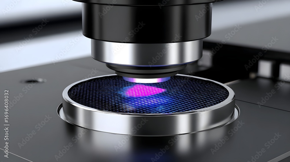 Poster advanced digital microscope displaying a colorful, abstract pattern on its illuminated surface, indi