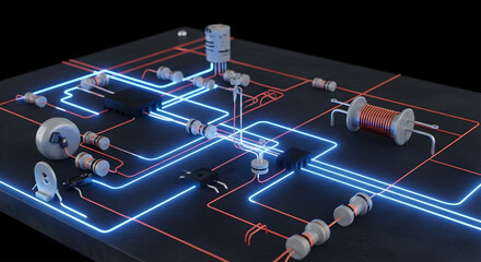 Abstract Electronic Circuit Board with Glowing Connections