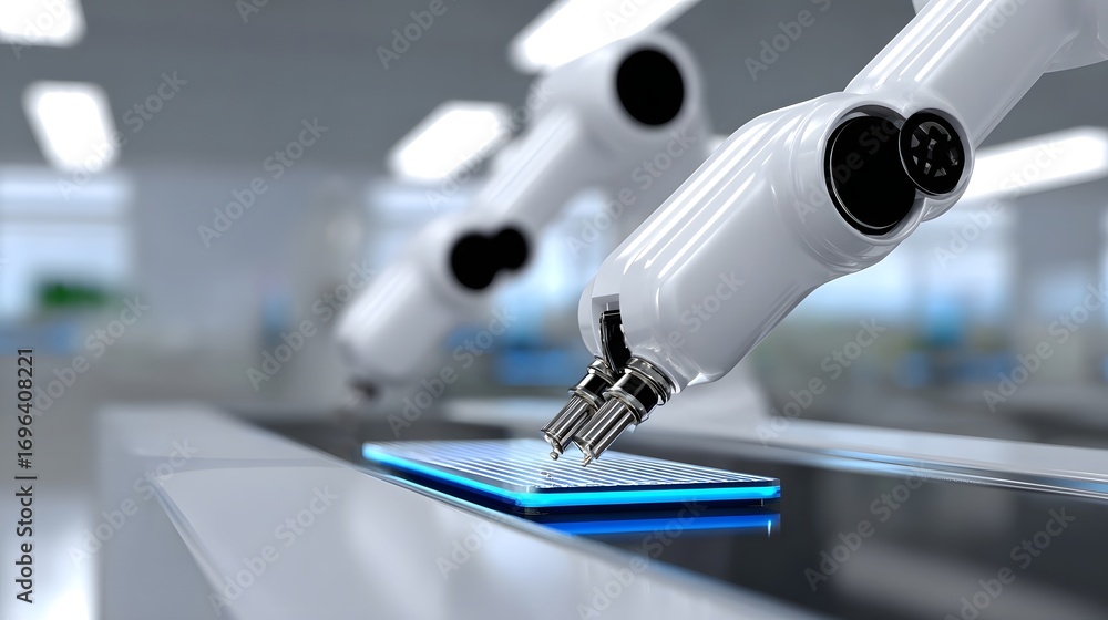 Aufkleber close-up view of a high-tech robotic arm precisely maneuvering and inspecting an electronic circuit 