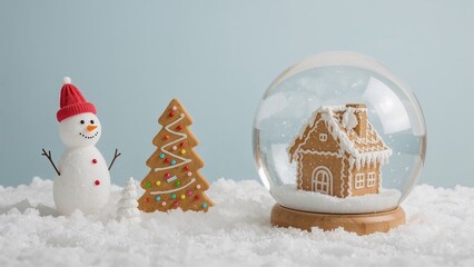 A festive sugar snowman, a spiced gingerbread tree, and an adorable handmade gingerbread cottage surrounded by falling snow inside a glass orb. perfect for seasonal greetings and promotions