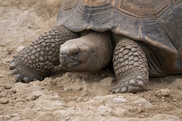 Obraz premium Close-up of a massive tortoise relaxing on a sandy surface
