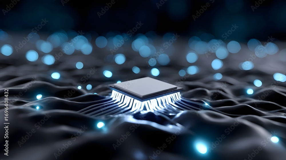 Aufkleber surreal abstract image depicting a futuristic digital landscape with rippling waves of light, glowin