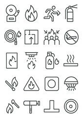 Fire safety and danger signs icons in minimalistic line art style: fire alarm, flammable materials, emergency exit, fire extinguisher, fire hose,
